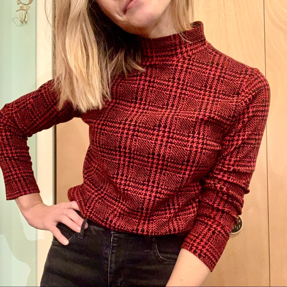 Red Houndstooth Mockneck Top